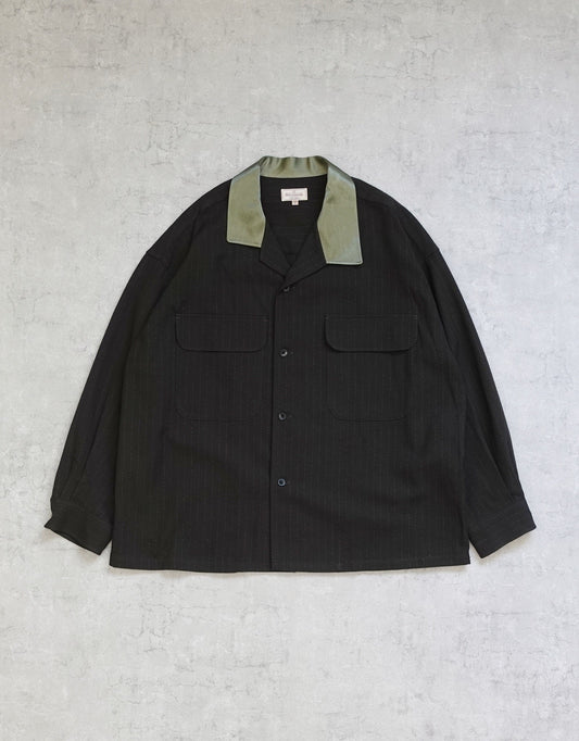 NEZU YO-HINTEN(根津洋品店) ウール シルク ボードシャツ ストライプ ダークカーキ ストライプ ボックスシルエット 通販 物撮り 正面 セレクトショップ VOUILLON