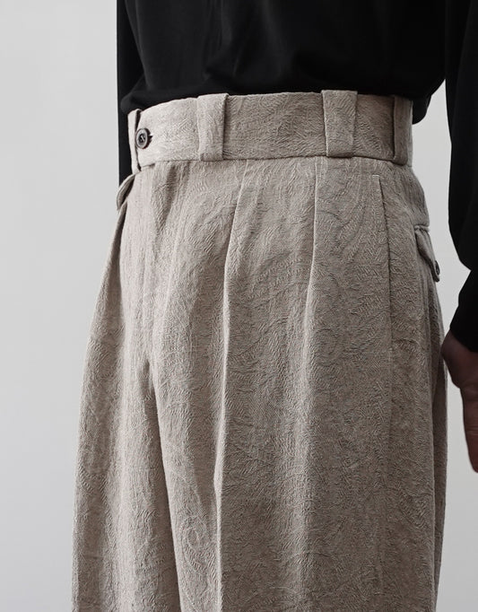 NEZU YO-HINTEN(根津洋品店) TANGO PANTS ワイドシルエット ジャガード ベージュ リネン しなやかでドレープ性がある 通販 184cm着用イメージ 生地アップ サイドタック セレクトショップ VOUILLON