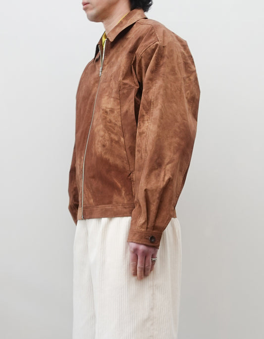 NEZU YO-HINTEN(根津洋品店) ワークジャケット ブラウン コットン スエード 通販 184cm着用イメージ 上半身 右斜め前 セレクトショップ VOUILLON