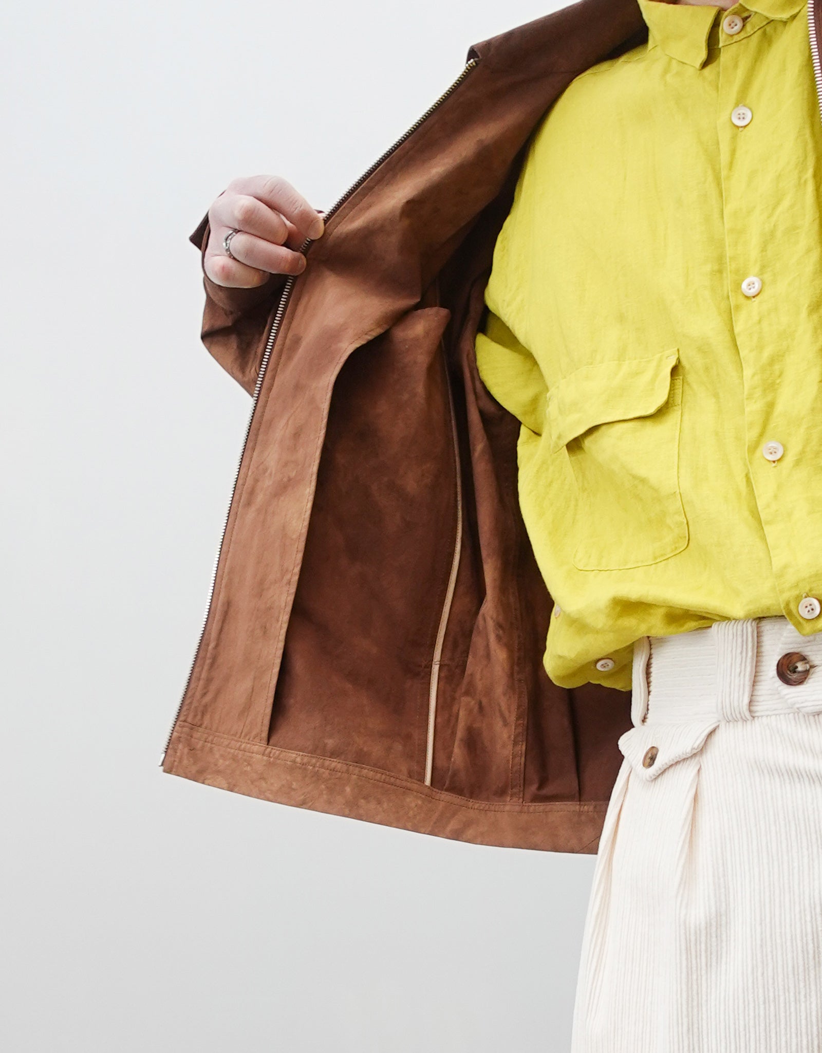 NEZU YO-HINTEN(根津洋品店) ワークジャケット ブラウン コットン スエード 通販 184cm着用イメージ 裏地 一重仕立て セレクトショップ VOUILLON