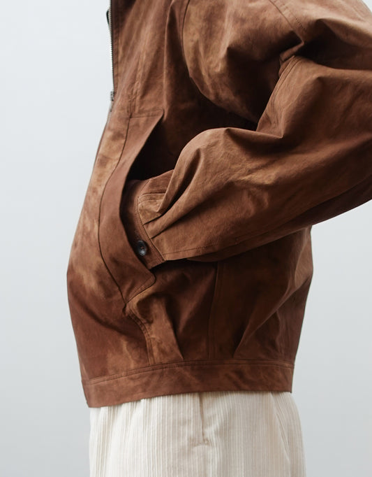 NEZU YO-HINTEN(根津洋品店) ワークジャケット ブラウン コットン スエード 通販 184cm着用イメージ 生地アップ サイドポケット セレクトショップ VOUILLON