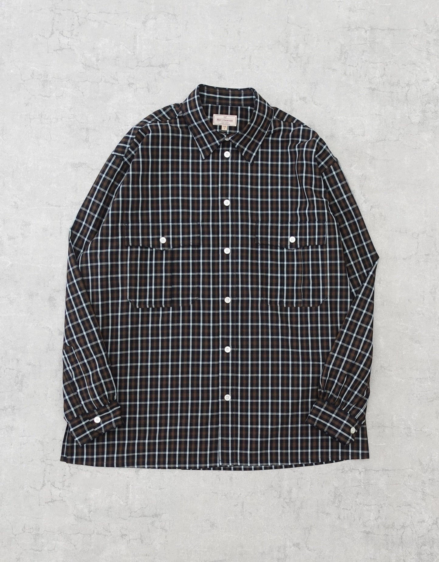 NEZU YO-HINTEN(根津洋品店) チェックシャツ サファリシャツデザイン リラックスフィット ブラウン 通販 184cm着用イメージ 物撮り 正面 セレクトショップ VOUILLON