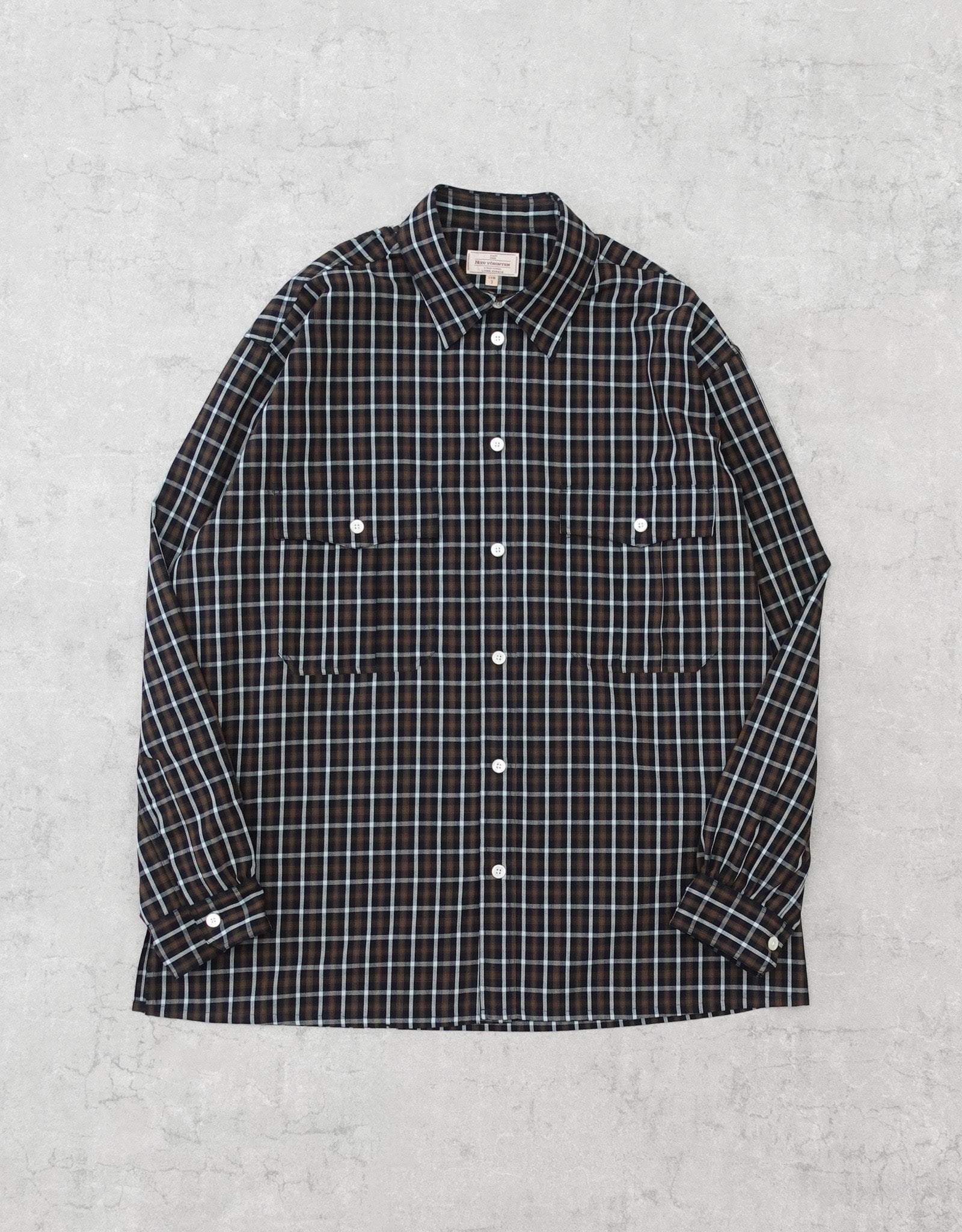 NEZU YO-HINTEN(根津洋品店) チェックシャツ サファリシャツデザイン リラックスフィット ブラウン 通販 184cm着用イメージ 物撮り 正面 セレクトショップ VOUILLON