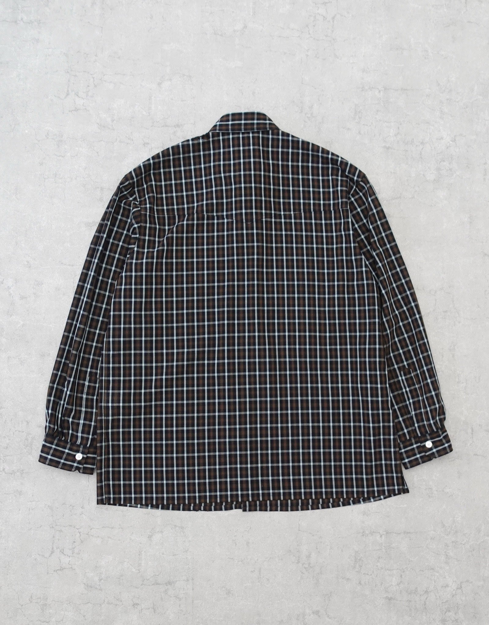 NEZU YO-HINTEN(根津洋品店) チェックシャツ サファリシャツデザイン リラックスフィット ブラウン 通販 184cm着用イメージ 物撮り 背面 セレクトショップ VOUILLON