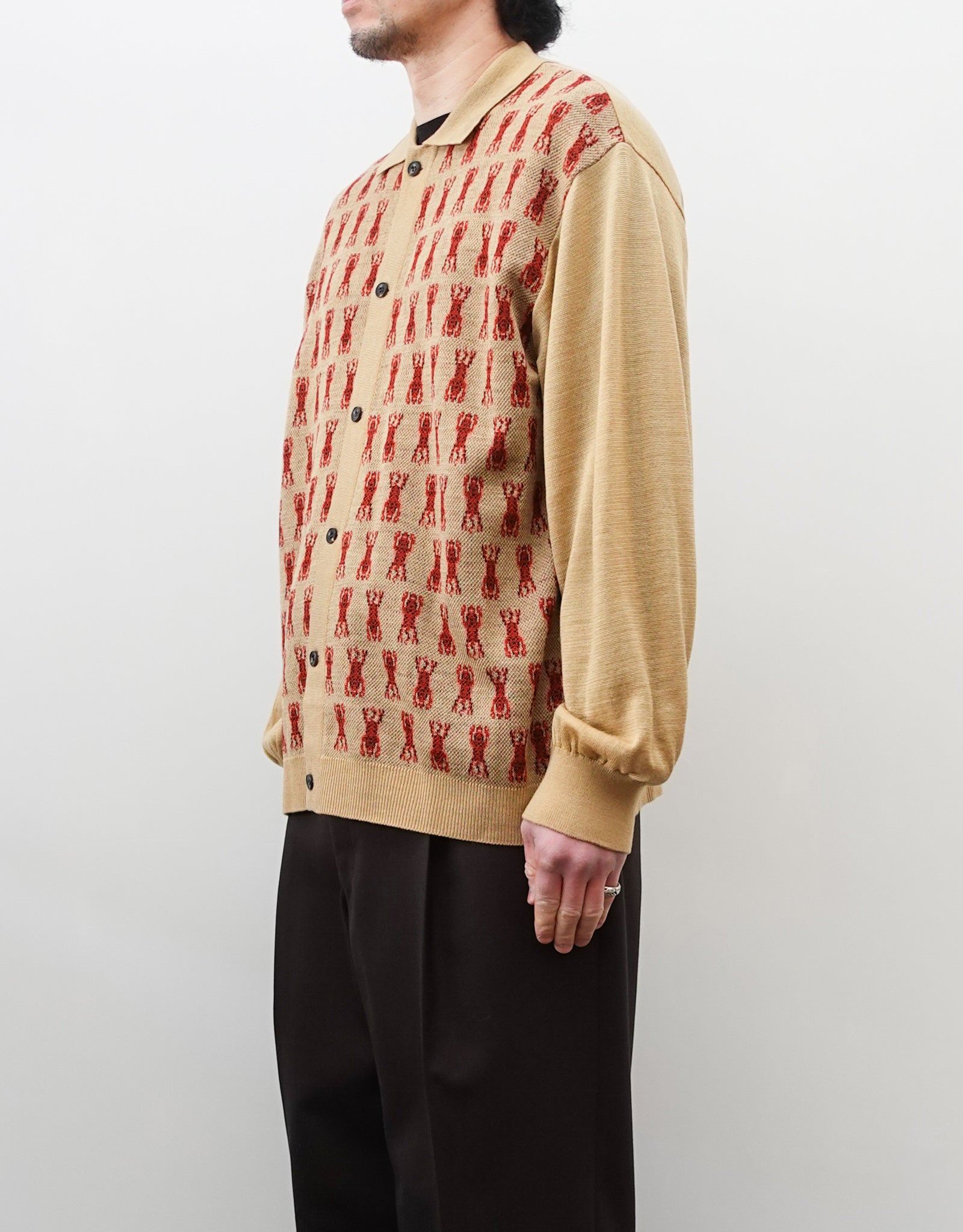 NEZU YO-HINTEN(根津洋品店) チベタンタイガー ジャガード ニットシャツ ベージュ 薄手でしなやかでリラックスフィット 通販 184cm着画 上半身 右斜め前 セレクトショップ VOUILLON