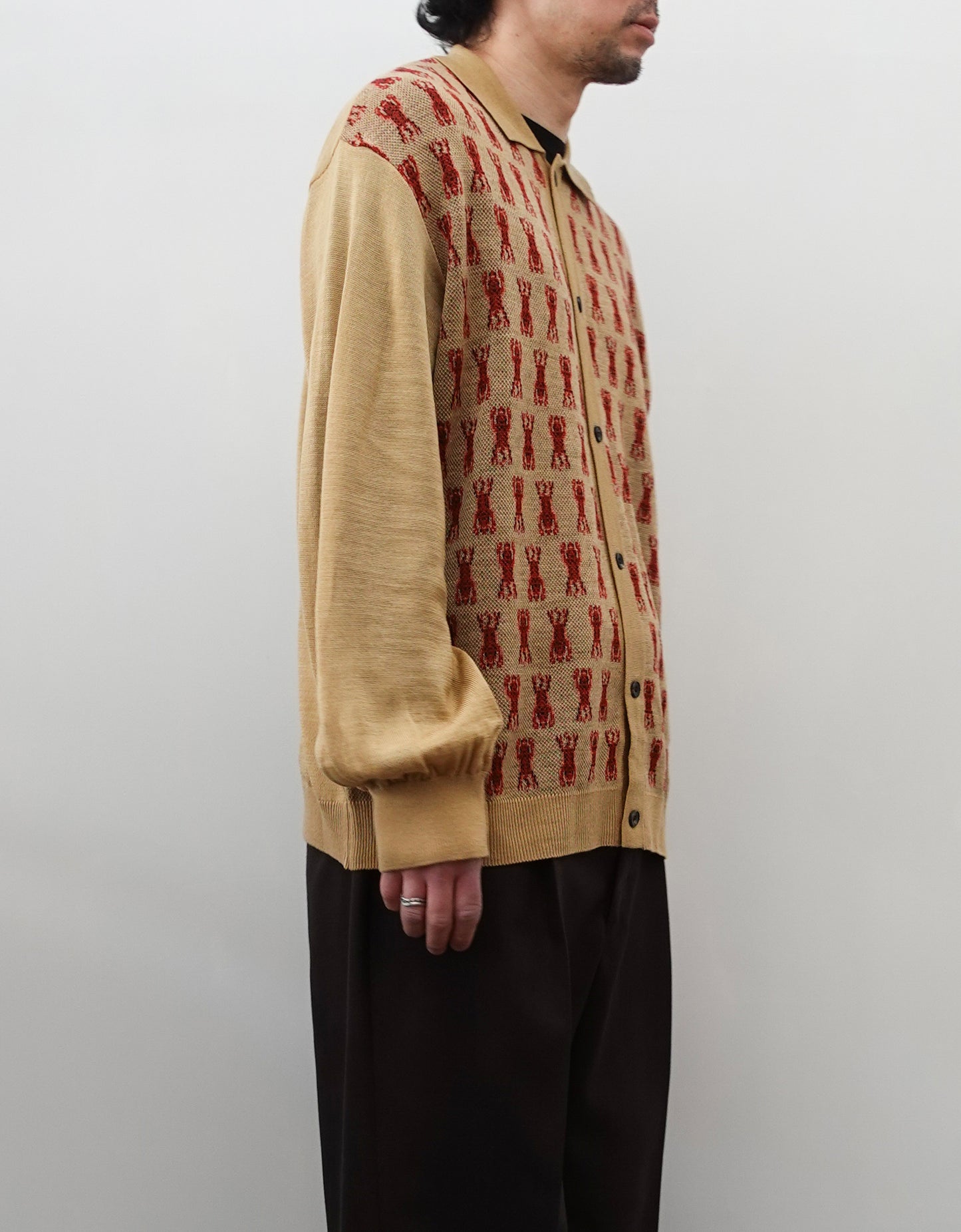 NEZU YO-HINTEN(根津洋品店) チベタンタイガー ジャガード ニットシャツ ベージュ 薄手でしなやかでリラックスフィット 通販 184cm着画 上半身 左 セレクトショップ VOUILLON