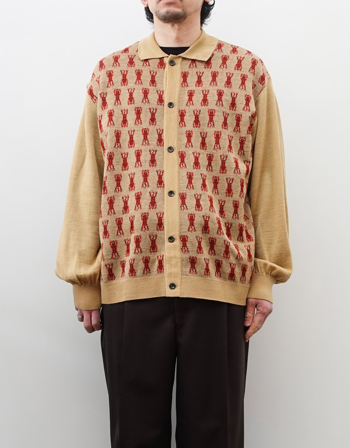 NEZU YO-HINTEN(根津洋品店) チベタンタイガー ジャガード ニットシャツ ベージュ 薄手でしなやかでリラックスフィット 通販 184cm着画 上半身 正面 セレクトショップ VOUILLON