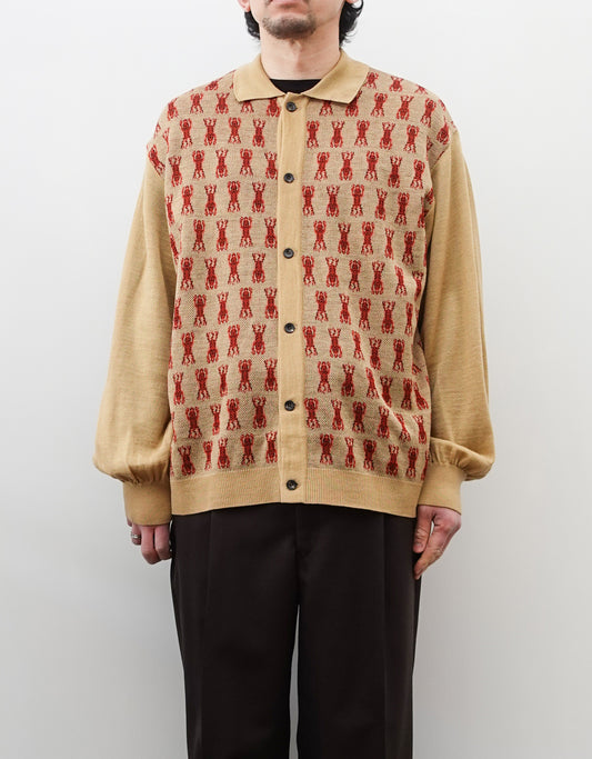 NEZU YO-HINTEN(根津洋品店) チベタンタイガー ジャガード ニットシャツ ベージュ 薄手でしなやかでリラックスフィット 通販 184cm着画 上半身 正面 セレクトショップ VOUILLON