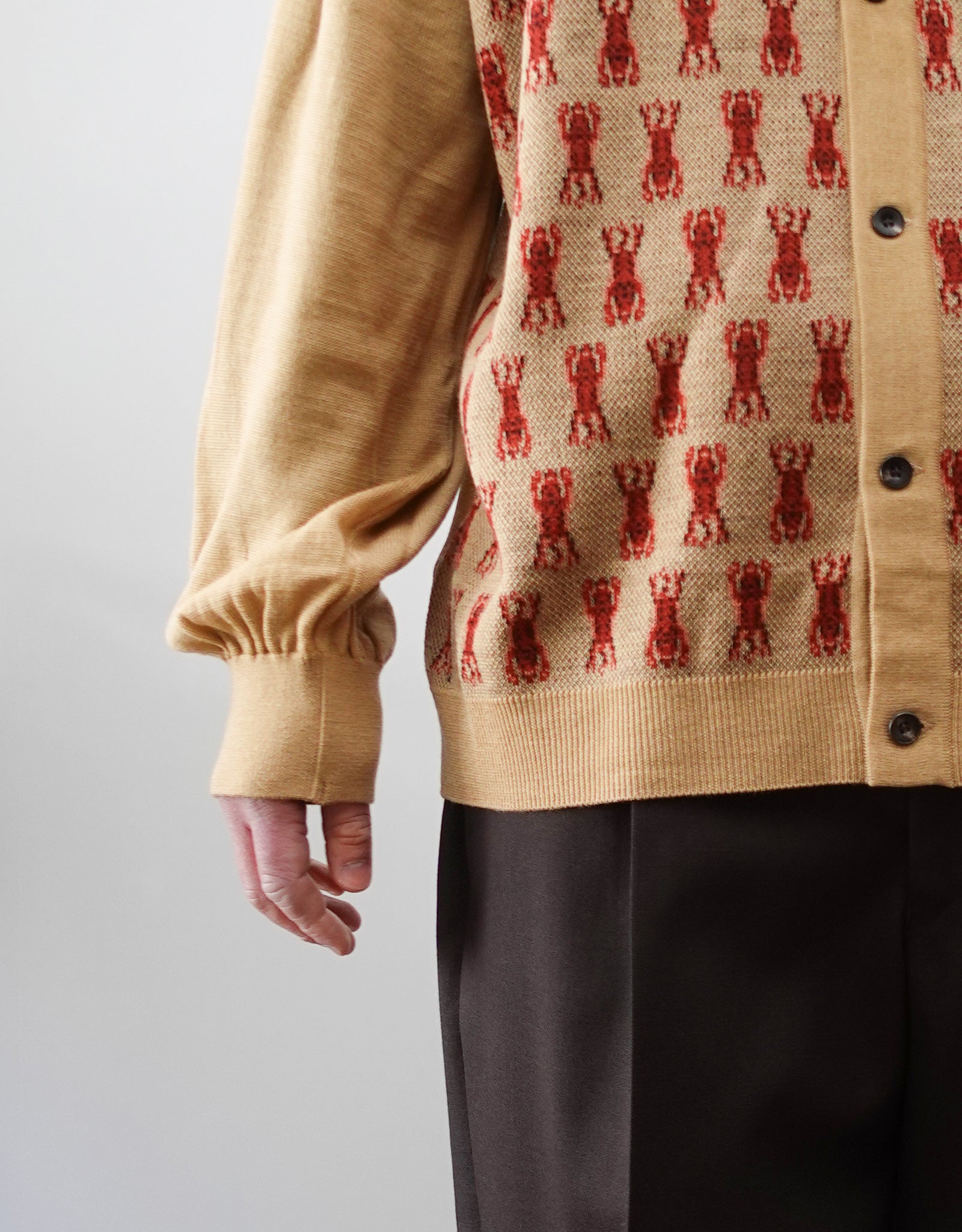 NEZU YO-HINTEN(根津洋品店) チベタンタイガー ジャガード ニットシャツ ベージュ 薄手でしなやかでリラックスフィット 通販 184cm着画 袖口 アップ セレクトショップ VOUILLON