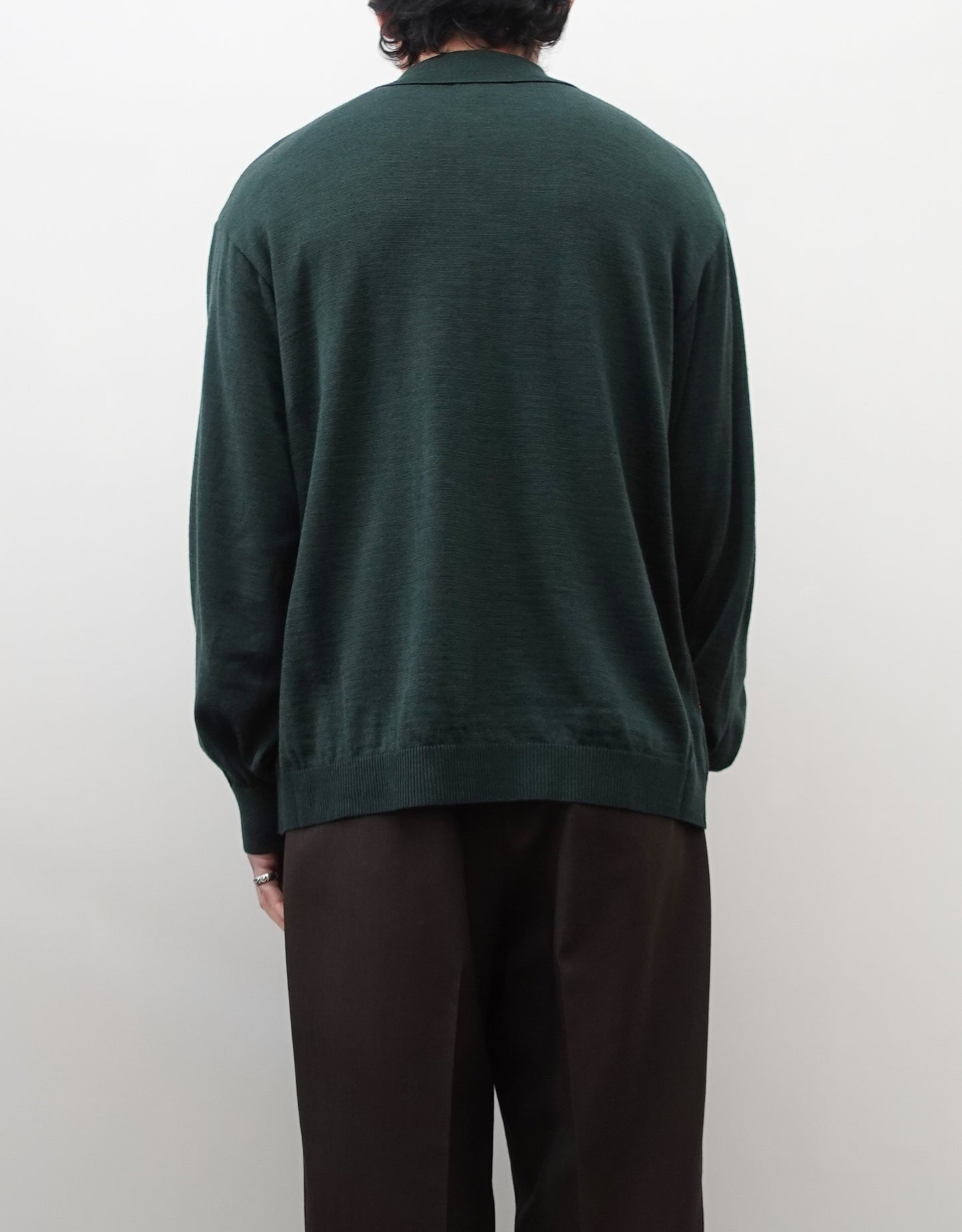 NEZU YO-HINTEN(根津洋品店) チベタンタイガー ジャガード ニットシャツ グリーン 薄手でしなやかでリラックスフィット 通販 184cm着画 上半身 背面 セレクトショップ VOUILLON