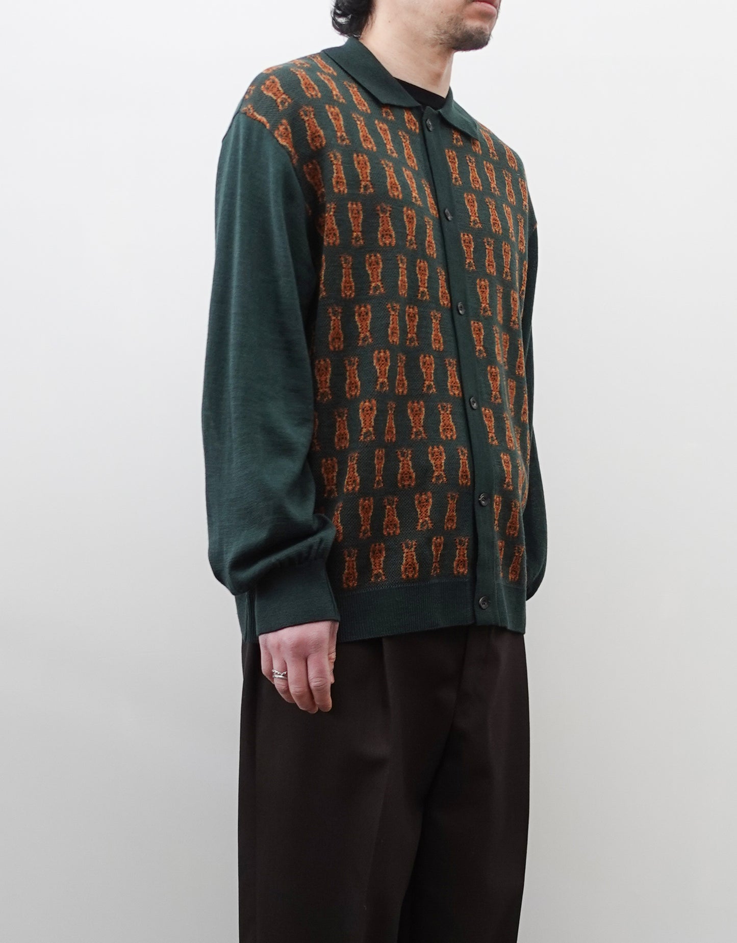 NEZU YO-HINTEN(根津洋品店) チベタンタイガー ジャガード ニットシャツ グリーン 薄手でしなやかでリラックスフィット 通販 184cm着画 上半身 左向き セレクトショップ VOUILLON