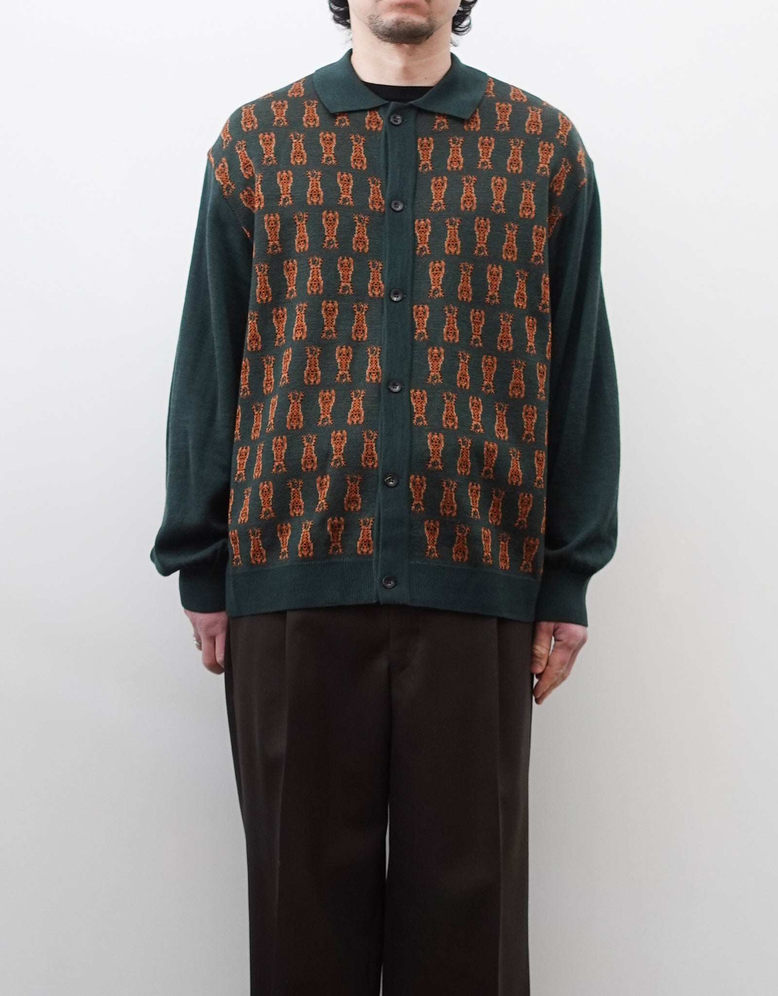 NEZU YO-HINTEN(根津洋品店) チベタンタイガー ニットシャツ グリーン 薄手でしなやかでリラックスフィット 通販 184cm着画 上半身 正面 セレクトショップ VOUILLON