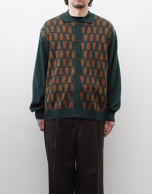 NEZU YO-HINTEN(根津洋品店) チベタンタイガー ニットシャツ グリーン 薄手でしなやかでリラックスフィット 通販 184cm着画 上半身 正面 セレクトショップ VOUILLON