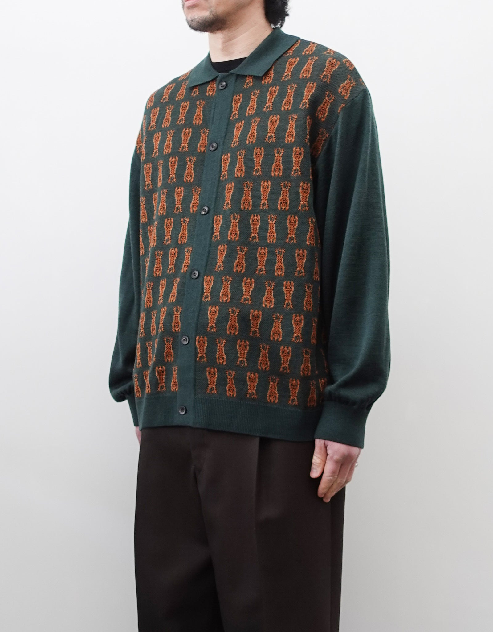 NEZU YO-HINTEN(根津洋品店) チベタンタイガー ジャガード ニットシャツ グリーン 薄手でしなやかでリラックスフィット 通販 184cm着画 上半身 正面 セレクトショップ VOUILLON