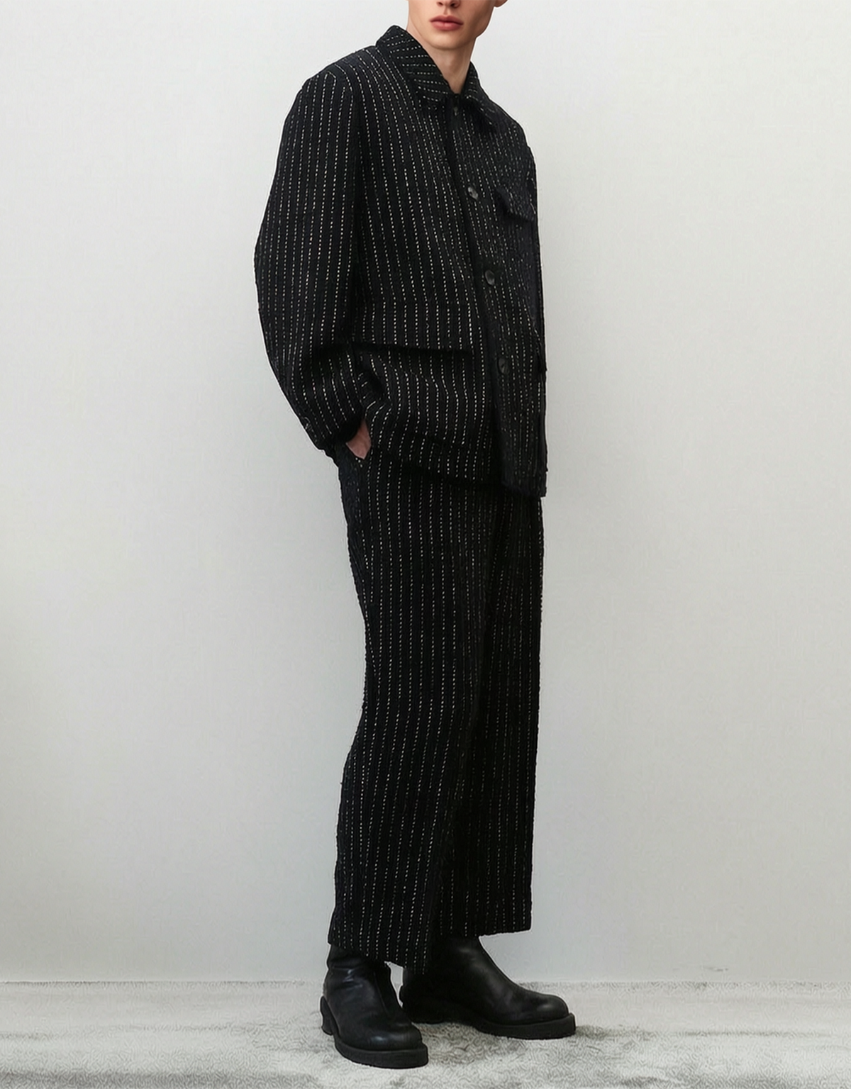 STRIPE BOUCLE FOUR PLEATS PANTALON
