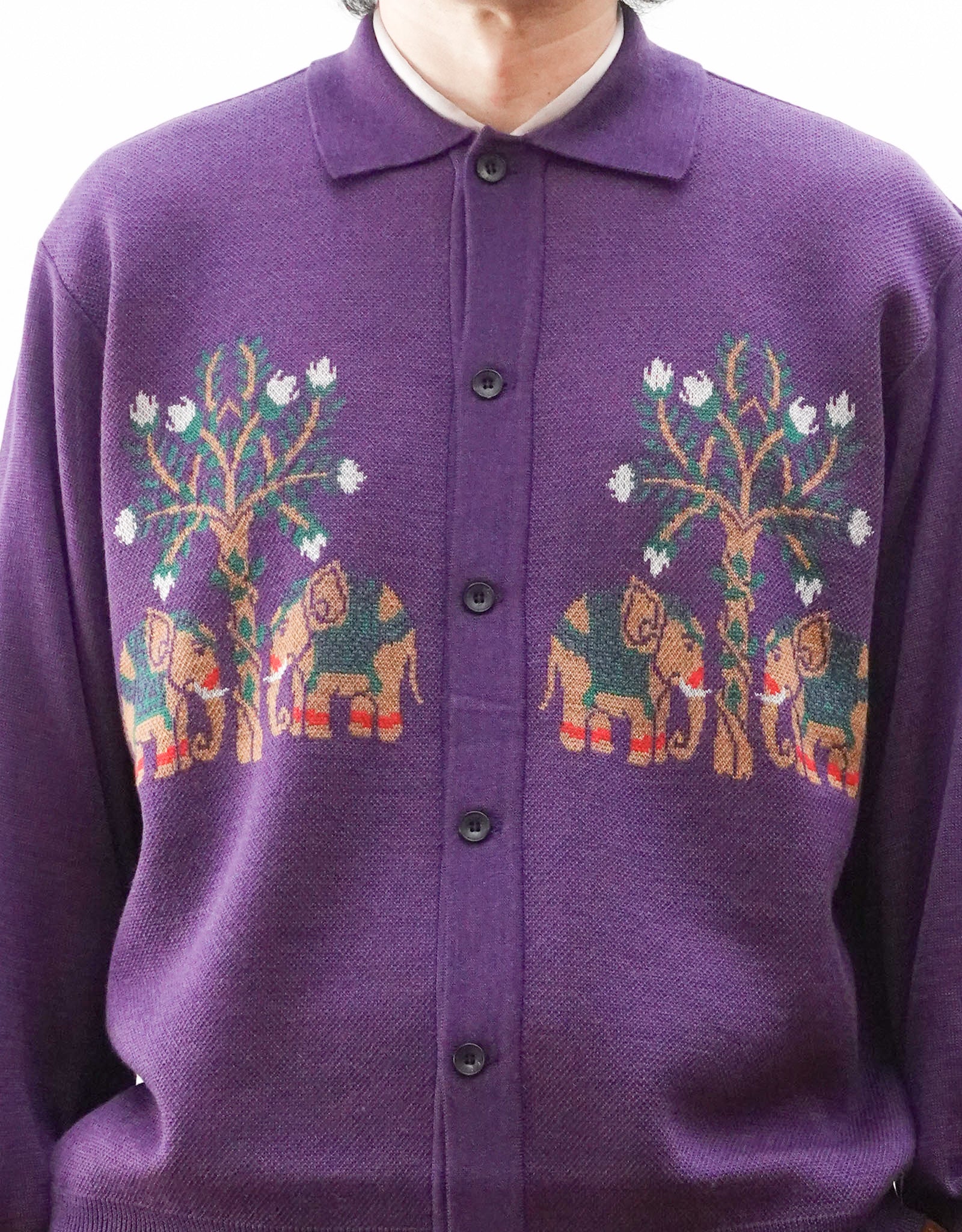 SOUVENIR JACQUARD KNIT SHIRT スーベニアジャガードニットシャツ パープル 正面 胸の象柄アップ