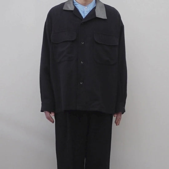 NEZU YO-HINTEN(根津洋品店) ウール シルク ボードシャツ ストライプ チャコール ストライプ ボックスシルエット 通販 184cm着用イメージ 動画 セレクトショップ VOUILLON