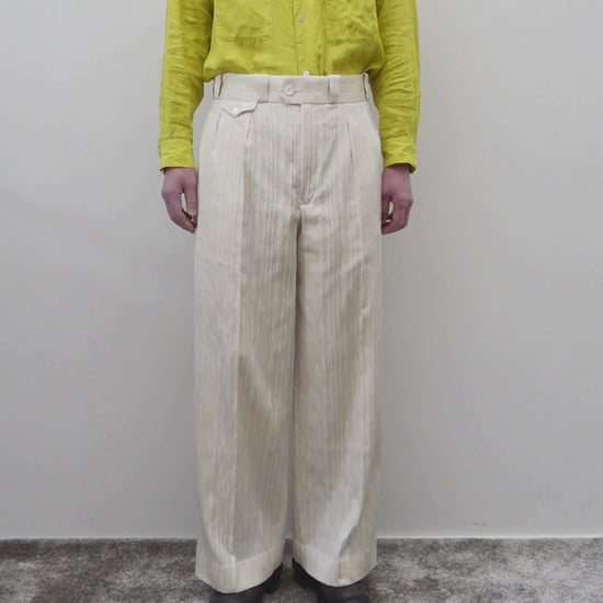 NEZU YO-HINTEN(根津洋品店) TANGO PANTS ワイドパンツ ジャガード ストライプ ホワイト ライトイエロー 通販 184cm着用イメージ 下半身 動画 セレクトショップ VOUILLON