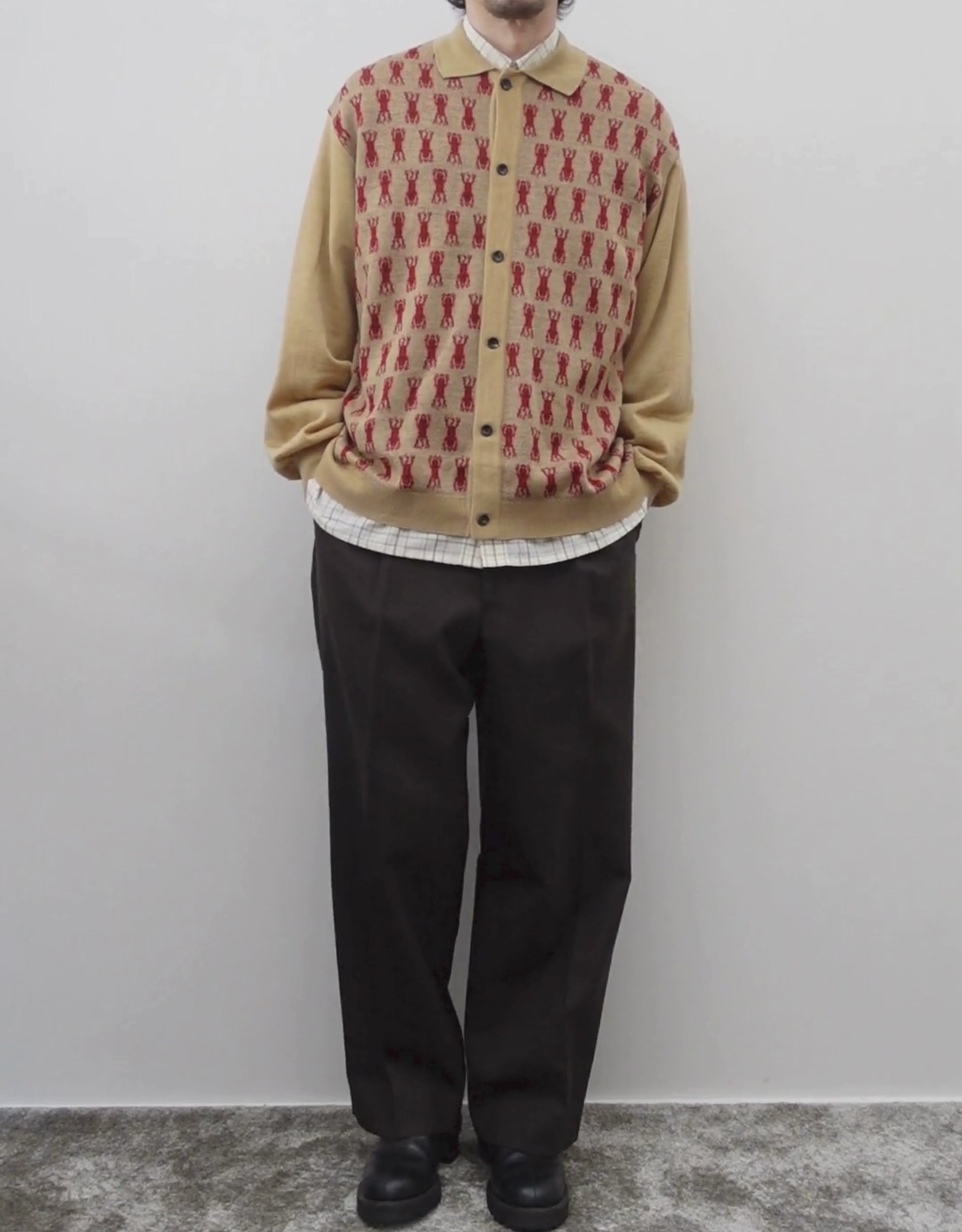 NEZU YO-HINTEN(根津洋品店) チベタンタイガー ジャガード ニットシャツ ベージュ 薄手でしなやかでリラックスフィット 通販 184cm着画 動画 セレクトショップ VOUILLON