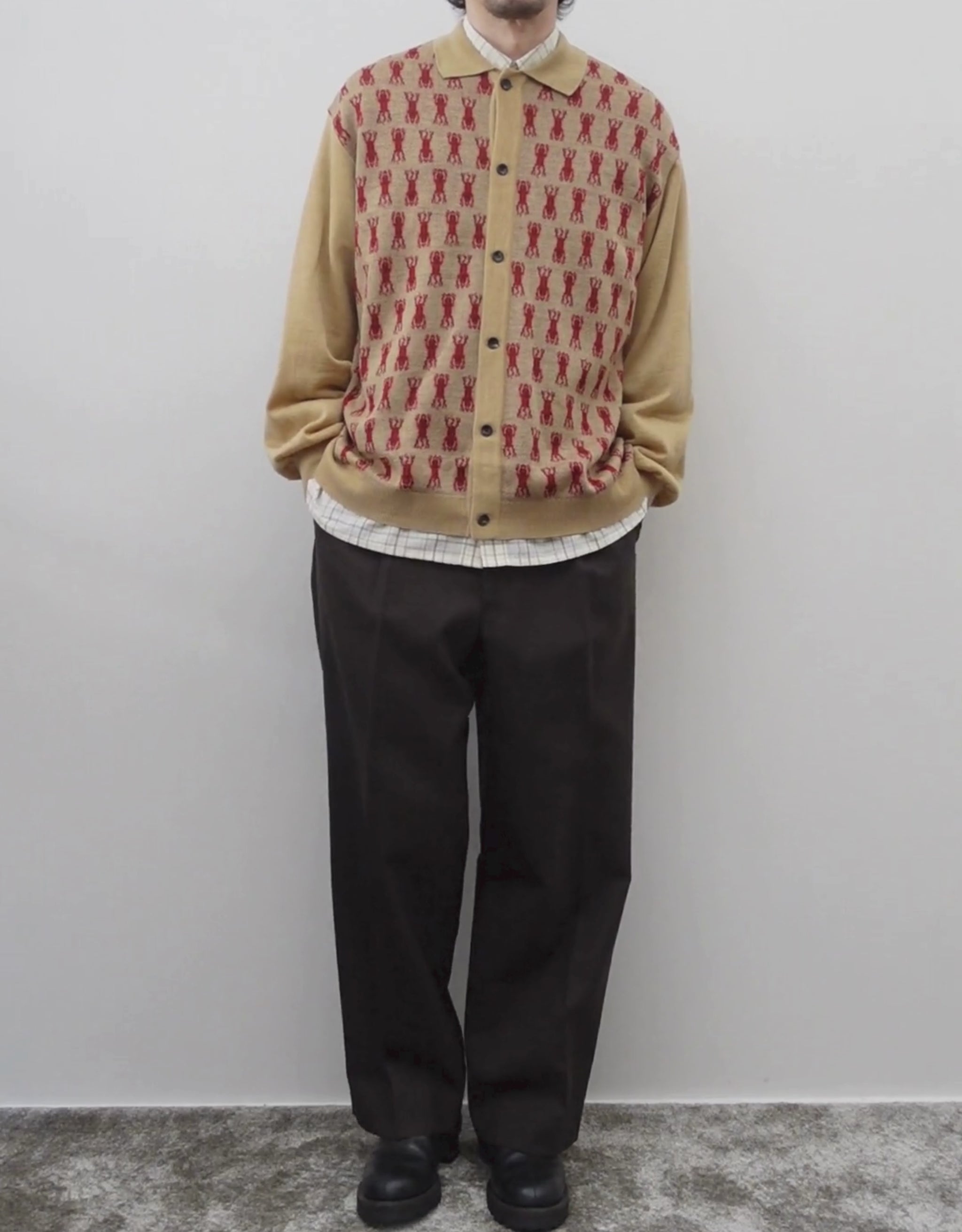 NEZU YO-HINTEN(根津洋品店) チベタンタイガー ジャガード ニットシャツ ベージュ 薄手でしなやかでリラックスフィット 通販 184cm着画 動画 セレクトショップ VOUILLON