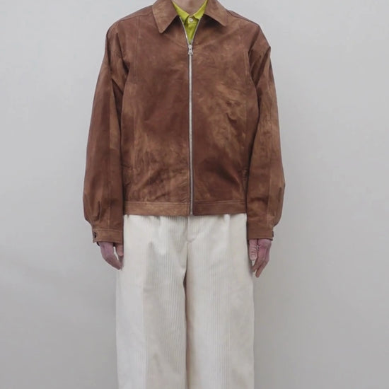 NEZU YO-HINTEN(根津洋品店) ワークジャケット ブラウン コットン スエード 通販 184cm着用イメージ 上半身 正面 動画 セレクトショップ VOUILLON
