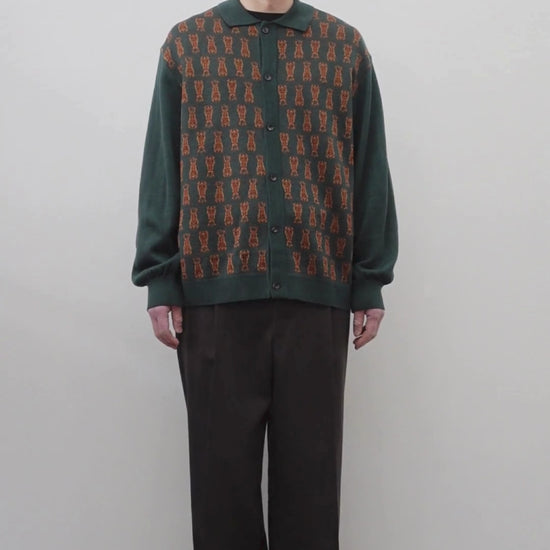 NEZU YO-HINTEN(根津洋品店) チベタンタイガー ジャガード ニットシャツ グリーン 薄手でしなやかでリラックスフィット 通販 184cm着画 動画 セレクトショップ VOUILLON