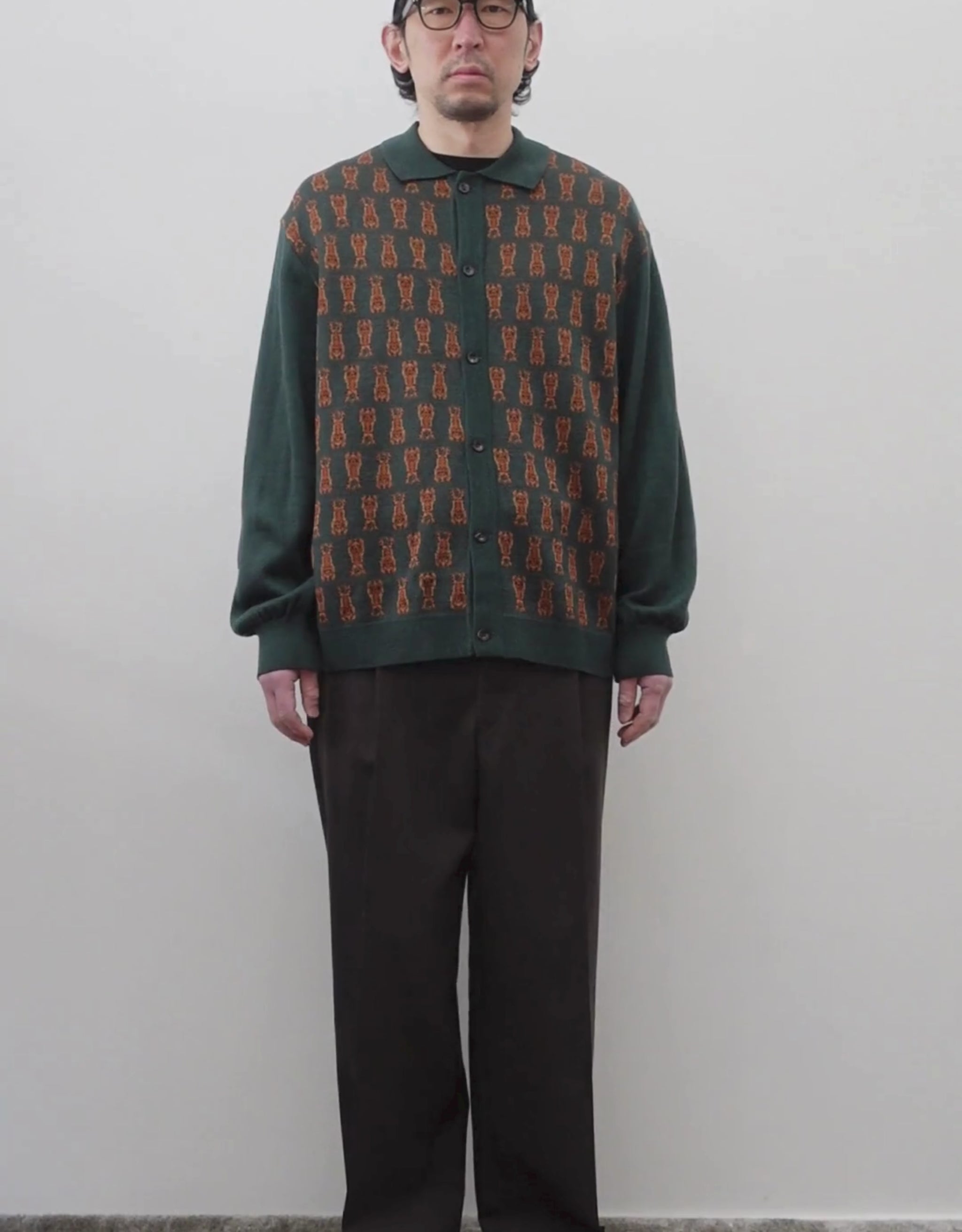 NEZU YO-HINTEN(根津洋品店) チベタンタイガー ジャガード ニットシャツ グリーン 薄手でしなやかでリラックスフィット 通販 184cm着画 動画 セレクトショップ VOUILLON