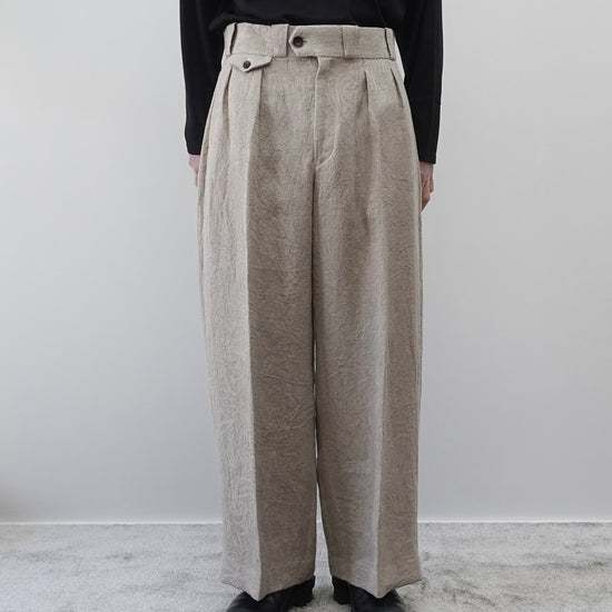NEZU YO-HINTEN(根津洋品店) TANGO PANTS ワイドシルエット ジャガード ベージュ リネン しなやかでドレープ性がある 通販 184cm着用イメージ 下半身 動画 セレクトショップ VOUILLON