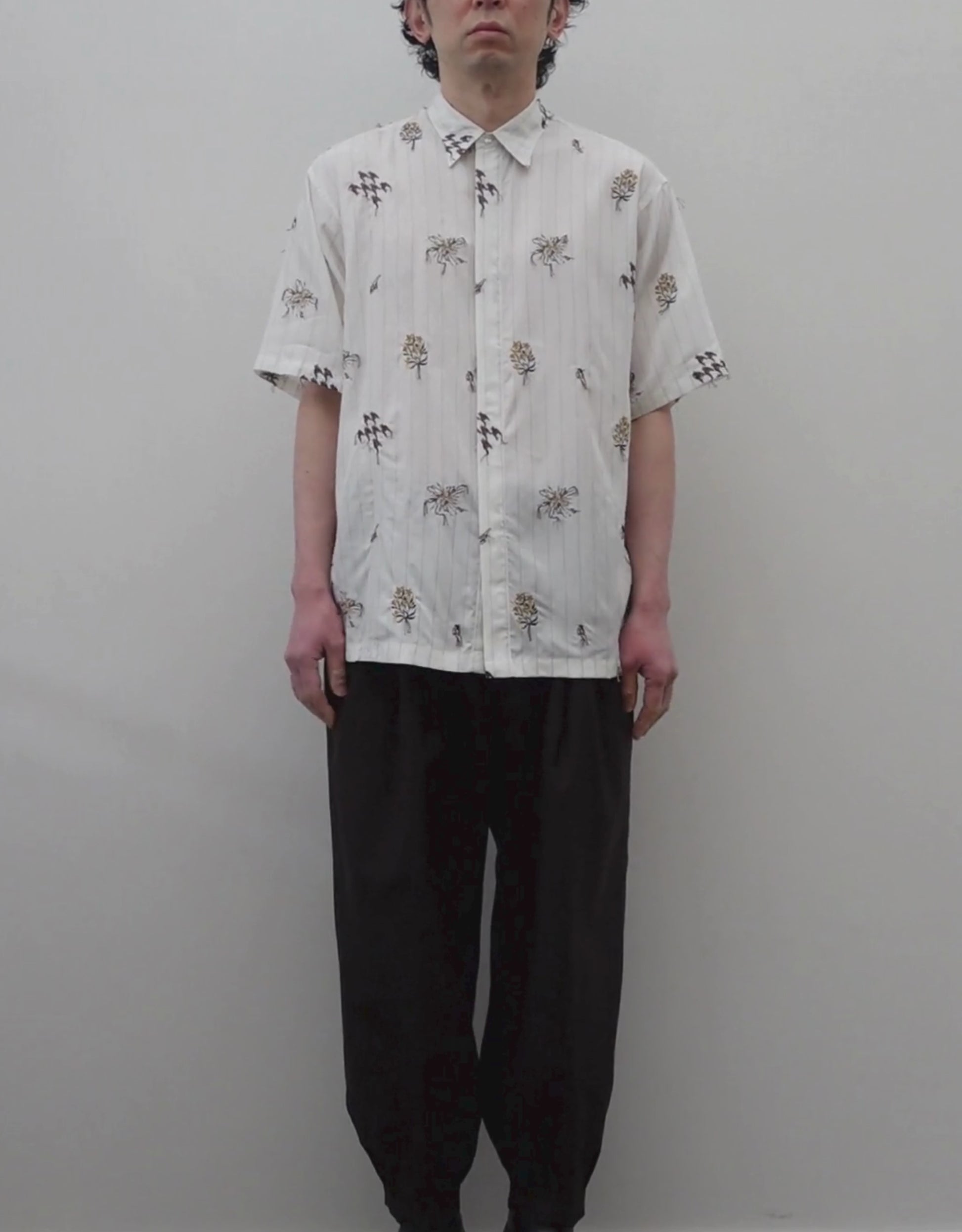 NEZU YO-HINTEN(根津洋品店) スーベニア刺繍半袖シャツ ホワイト ストライプ テンセル 柔らかくしなやか 通販 184cm着用イメージ 上半身 動画 セレクトショップ VOUILLON