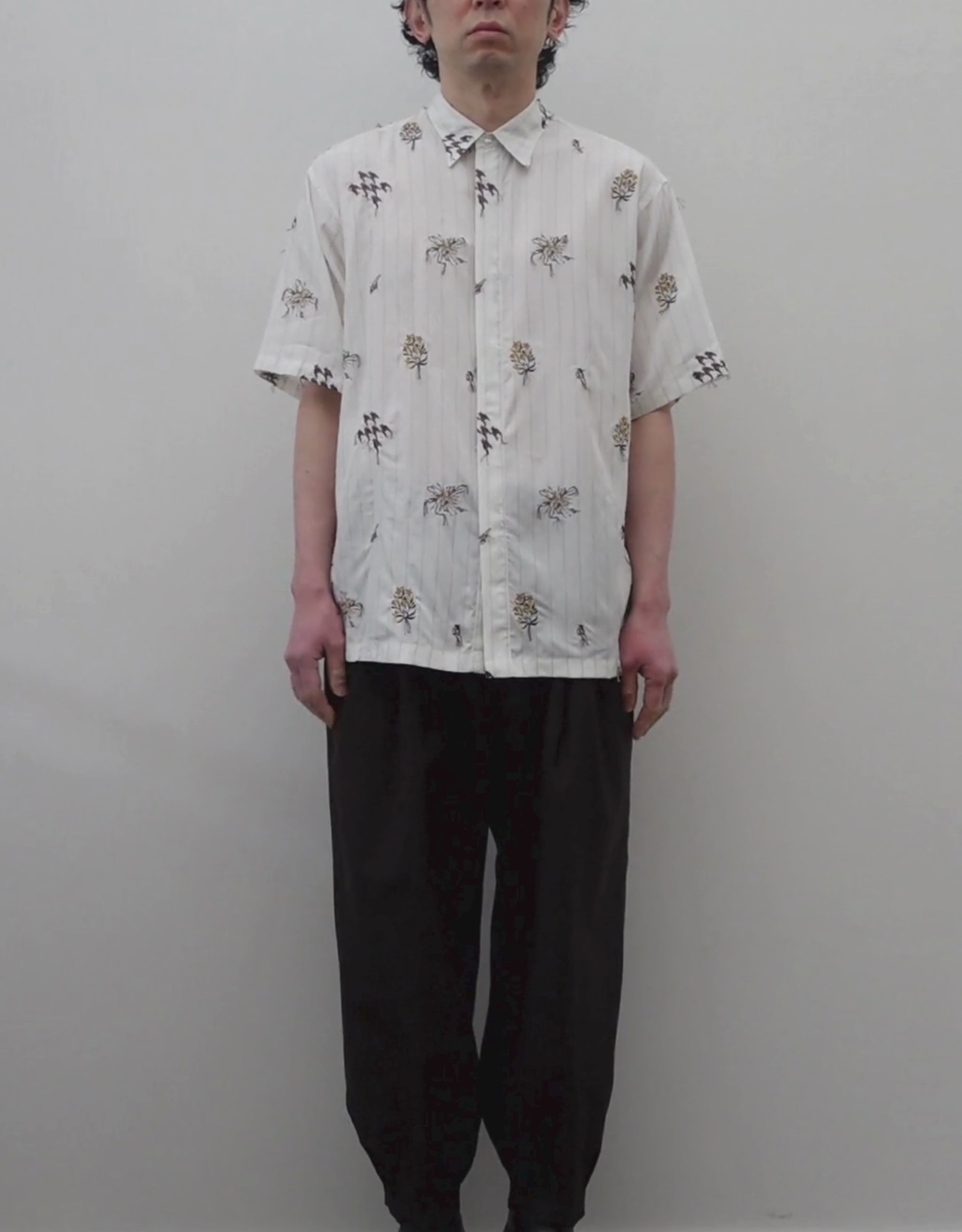 NEZU YO-HINTEN(根津洋品店) スーベニア刺繍半袖シャツ ホワイト ストライプ テンセル 柔らかくしなやか 通販 184cm着用イメージ 上半身 動画 セレクトショップ VOUILLON